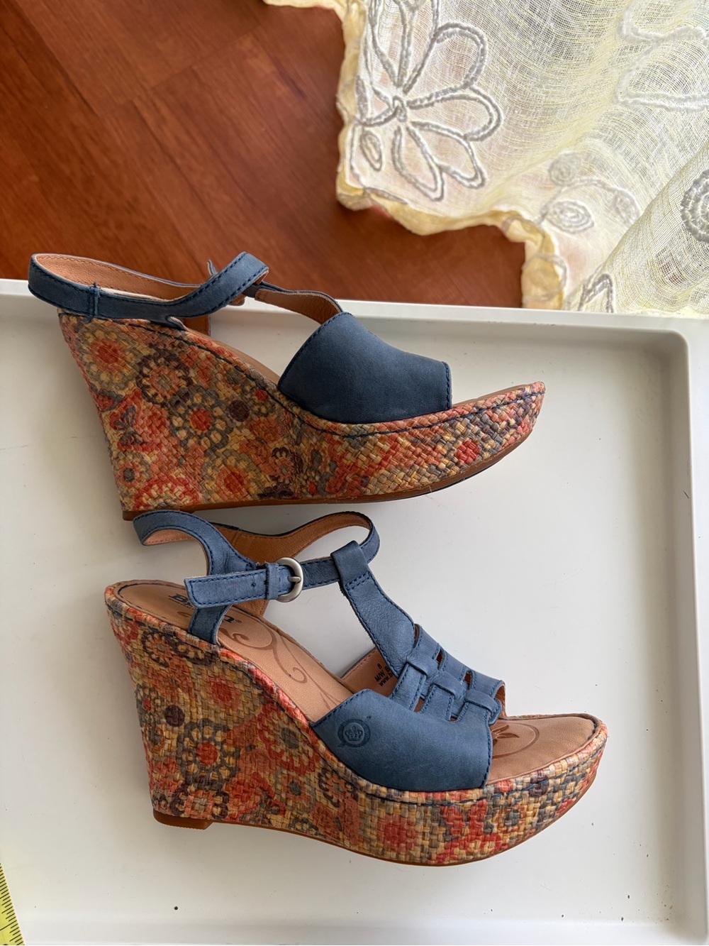 Born Navy T-Strap Wedge Sandals with Braided Trim - Picture 10 of 10